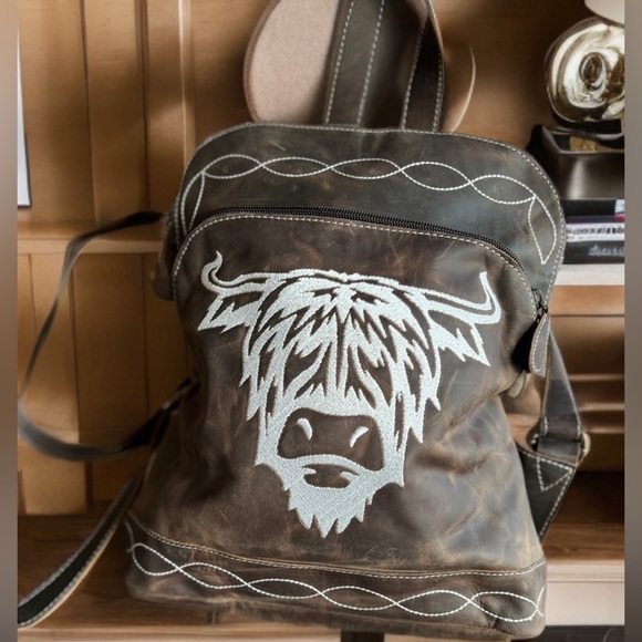 Rustic Highland Bull Genuine Crazy Horse Leather Small Backpack Bag Western Boho - Picture 2 of 13